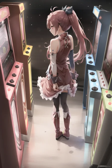 pmmmKyouko, solo, full body, from above, \(a girl using an arcade cabinet\), (detailed shiny anime style eyes), flat chest, detailed textures, neon lighting, colorful lighting, aesthetic, intricate, glowing, bokeh, sharp focus, <lora:KyoukoSakura:1>