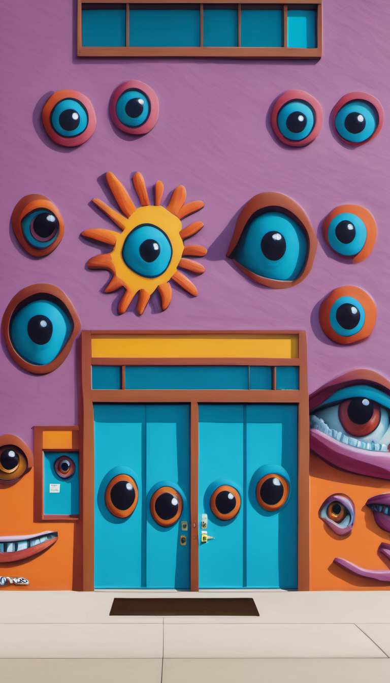 <lora:Everly_Heights_Backgrounds_New_Settings:1> a vibrant and colorful facade of a building adorned with large playful murals of eyes.