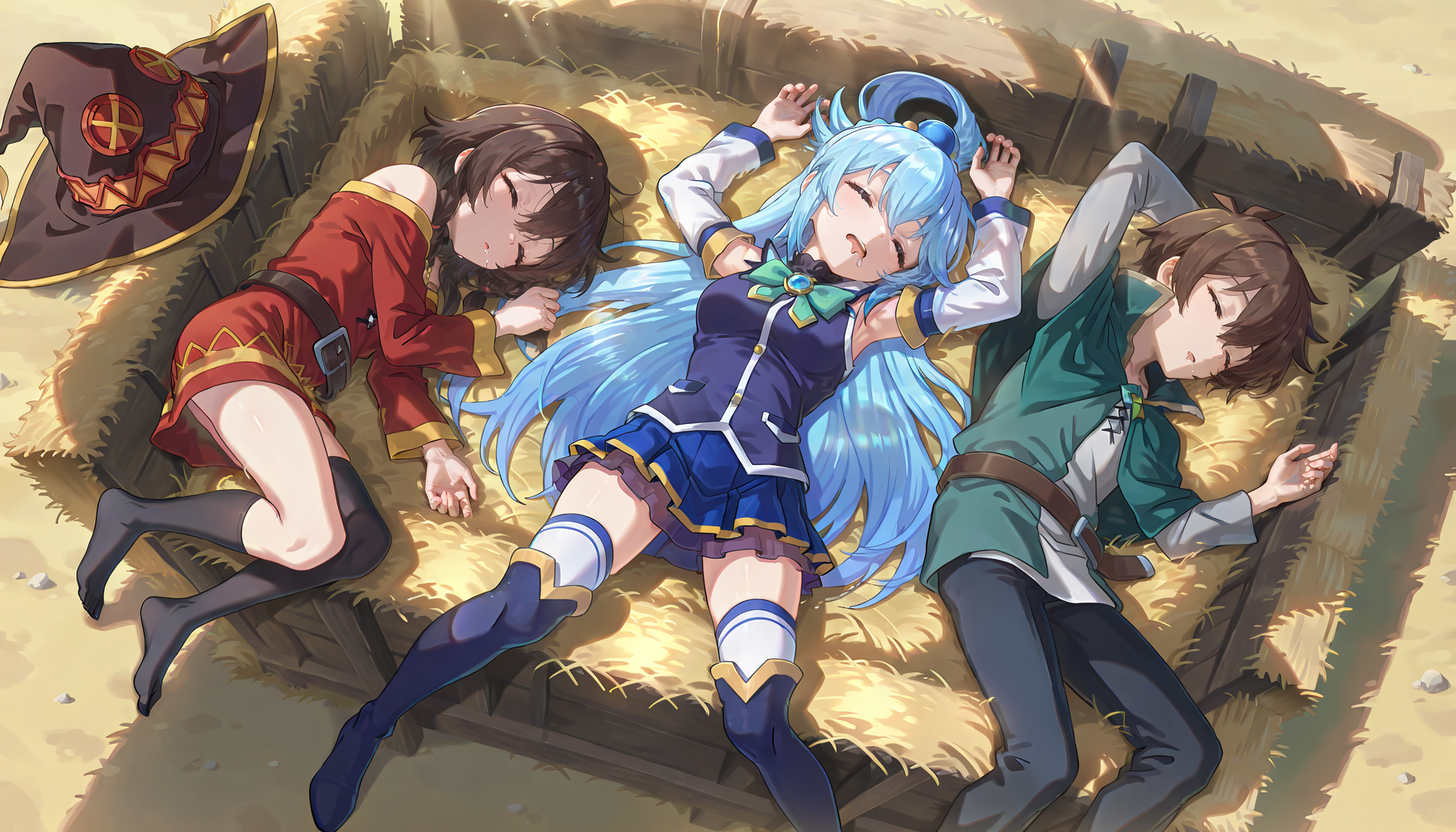 (konofan),kono subarashii sekai ni shukufuku wo!, konosuba,masterpiece,best quality,amazing quality
,ADDCOMM,
sleeping in a barn,morning sun, morning, godrays,multiple people,1boy,2girls,everyone,(from above),symmetry,(group,group image)
,ADDBASE,
2others,megumin, fetal position, puffy cheeks, curled up, on side,sleeping,(from above,full body:1.2),hat,hay
,ADDCOL,
(division, empty, no humans)
,ADDCOL,
3others,aqua \(konosuba\), aqua, on back, stretched limbs, open mouth, snooring, drool, messy hair,raised arms, contorted, bent knees,sleeping,(from above,full body:1.2),hay
,ADDCOL,
(division, empty, no humans)
,ADDCOL,
2others,satou kazuma, kazuma, on side, stretching one leg,hand behind head,sleeping,sideways,(from above,full body:1.2),hay
, <lora:Konofan-Illustrious:0.8>
