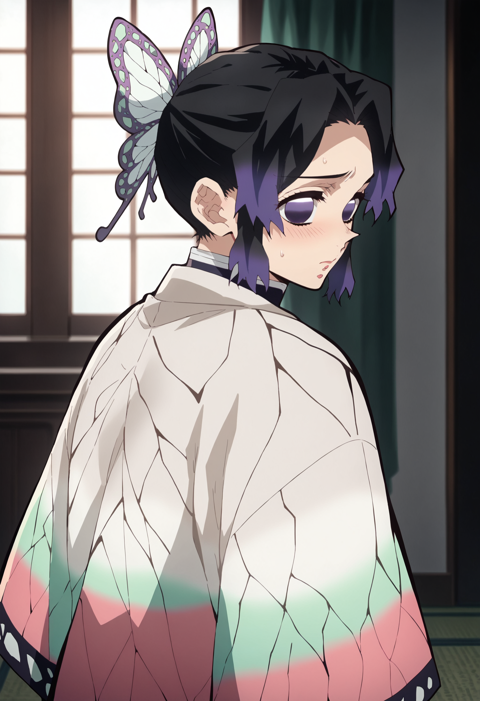 score_9, score_8_up, score_7_up, score_6_up, score_5_up, score_4_up,source_anime, indoors in a palace, looking back, embarassed expression<lora:Smooth Anime Style LoRA XL:1> <lora:Sh1n0buK0ch0XL_Pony_v1:1> k0ch0ush1n0bu, black hair, 1girl, butterfly hair ornament, butterfly dress, purple eyes
