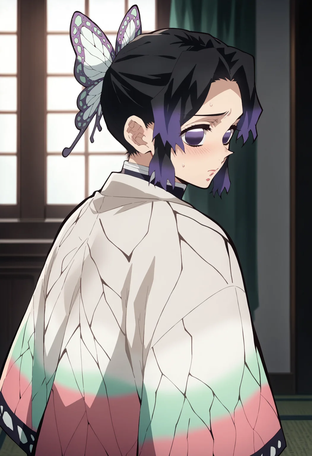 score_9, score_8_up, score_7_up, score_6_up, score_5_up, score_4_up,source_anime, indoors in a palace, looking back, embarassed expression<lora:Smooth Anime Style LoRA XL:1> <lora:Sh1n0buK0ch0XL_Pony_v1:1> k0ch0ush1n0bu, black hair, 1girl, butterfly hair ornament, butterfly dress, purple eyes