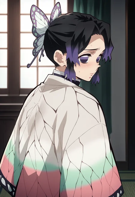 score_9, score_8_up, score_7_up, score_6_up, score_5_up, score_4_up,source_anime, indoors in a palace, looking back, embarassed expression<lora:Smooth Anime Style LoRA XL:1> <lora:Sh1n0buK0ch0XL_Pony_v1:1> k0ch0ush1n0bu, black hair, 1girl, butterfly hair ornament, butterfly dress, purple eyes