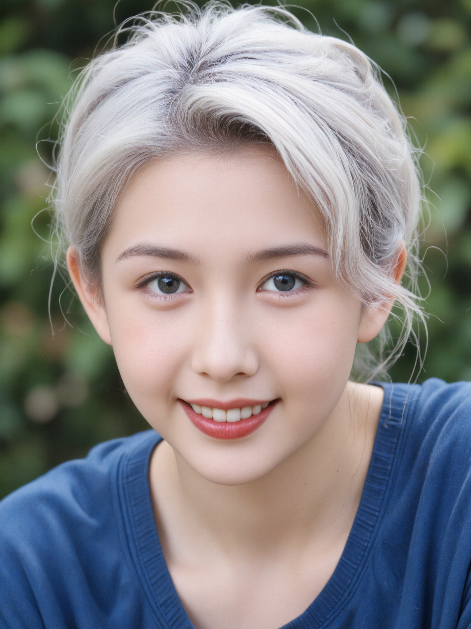a woman, white hair, blue shirt, light smile, portrait, blurred background