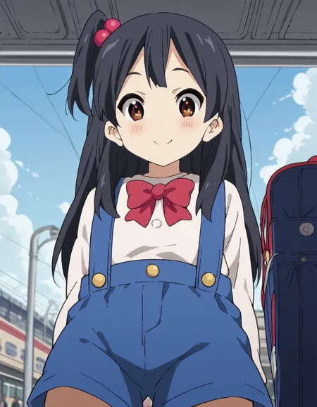 score_9, score_8_up, score_7_up, source_anime, <lora:anko-kitashirakawa-s1-ponyxl-lora-nochekaiser:1>, anko kitashirakawa, long hair, black hair, hair ornament, brown eyes, one side up, hair bobbles,, suspenders, shirt, white shirt, bowtie, red bowtie, buttons, shorts, blue shorts, hat, school hat,, train station, waiting for train, suitcase, traveling, commute, city skyline, hands behind back, smile, <lora:lap-pov-ponyxl-lora-nochekaiser:1>, lap pov, lap pillow, from below, ceiling, looking down, pov, blush, smile,, looking at viewer, solo,, dutch angle, cowboy shot