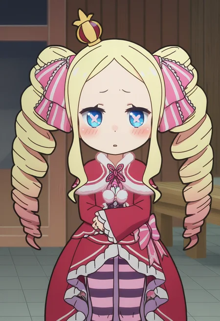 score_9, score_8_up, score_7_up, , <lora:add-detail-xl:3>,
BREAK
<lora:beako_bt:0.8>, beako, symbol-shaped pupils, blonde hair, crown, drill hair, mini crown, twin drills, blue eyes, hair ribbon, chibi, sidelocks, red dress, striped pantyhose,
BREAK
solo, indoors, standing,
shy,blush,
