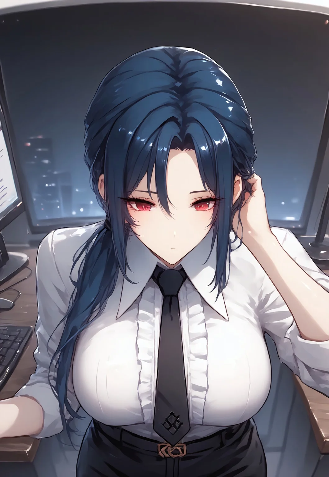 safe_pos, masterpiece, score_9, score_8_up, score_7_up, score_6_up, (score_9), (score_8_up), (score_7_up), (masterpiece), (best quality), (highly detailed), ((perfect face)), ((perfecteyes)), ((expressive face)), ((Expressiveh)), 2d, anime, 1girl, black necktie, white shirt, low ponytail, long hair, red eyes, blue hair, breasts, seolin, black pants, shirt tucked in, solo, 1girl, mature female, eyesHD, RLI,detailed eyes, high definition eyes, bored, hand in own hair, blushing, looking down, from above,
BREAK
office, desk, computer screen, data, late night, dark setting