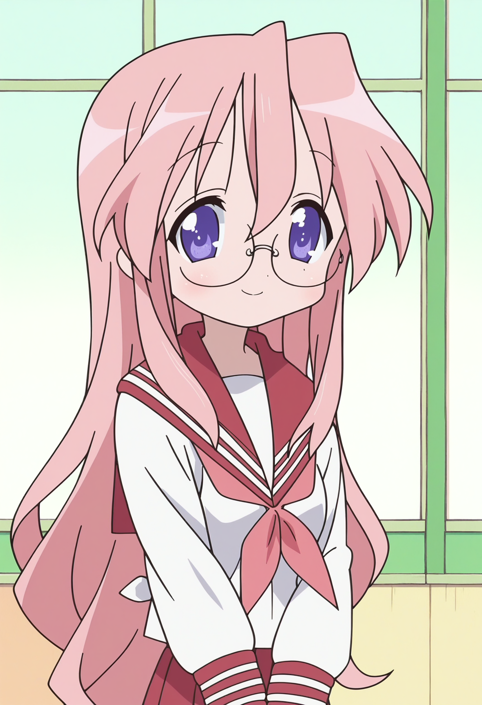 score_9, score_8_up, score_7_up, score_6_up, score_5_up, score_4_up , anime coloring ,BREAK source_anime, anime,screencap,
1girl, solo, lsmiyuki, school uniform, school shirt, pink neckerchief, sailor collar, grey pantyhose, glasses, red skirt, <lora:PonyXL LS Miyuki V1:1>
indoors, upper body,
smile, looking at viewer,