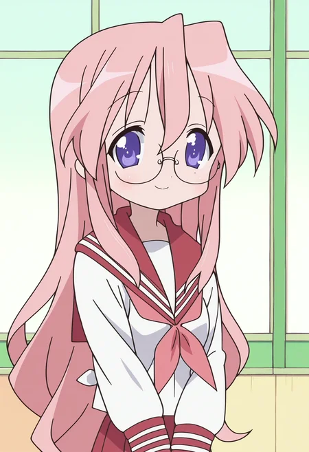 score_9, score_8_up, score_7_up, score_6_up, score_5_up, score_4_up , anime coloring ,BREAK source_anime, anime,screencap,
1girl, solo, lsmiyuki, school uniform, school shirt, pink neckerchief, sailor collar, grey pantyhose, glasses, red skirt, <lora:PonyXL LS Miyuki V1:1>
indoors, upper body,
smile, looking at viewer,
