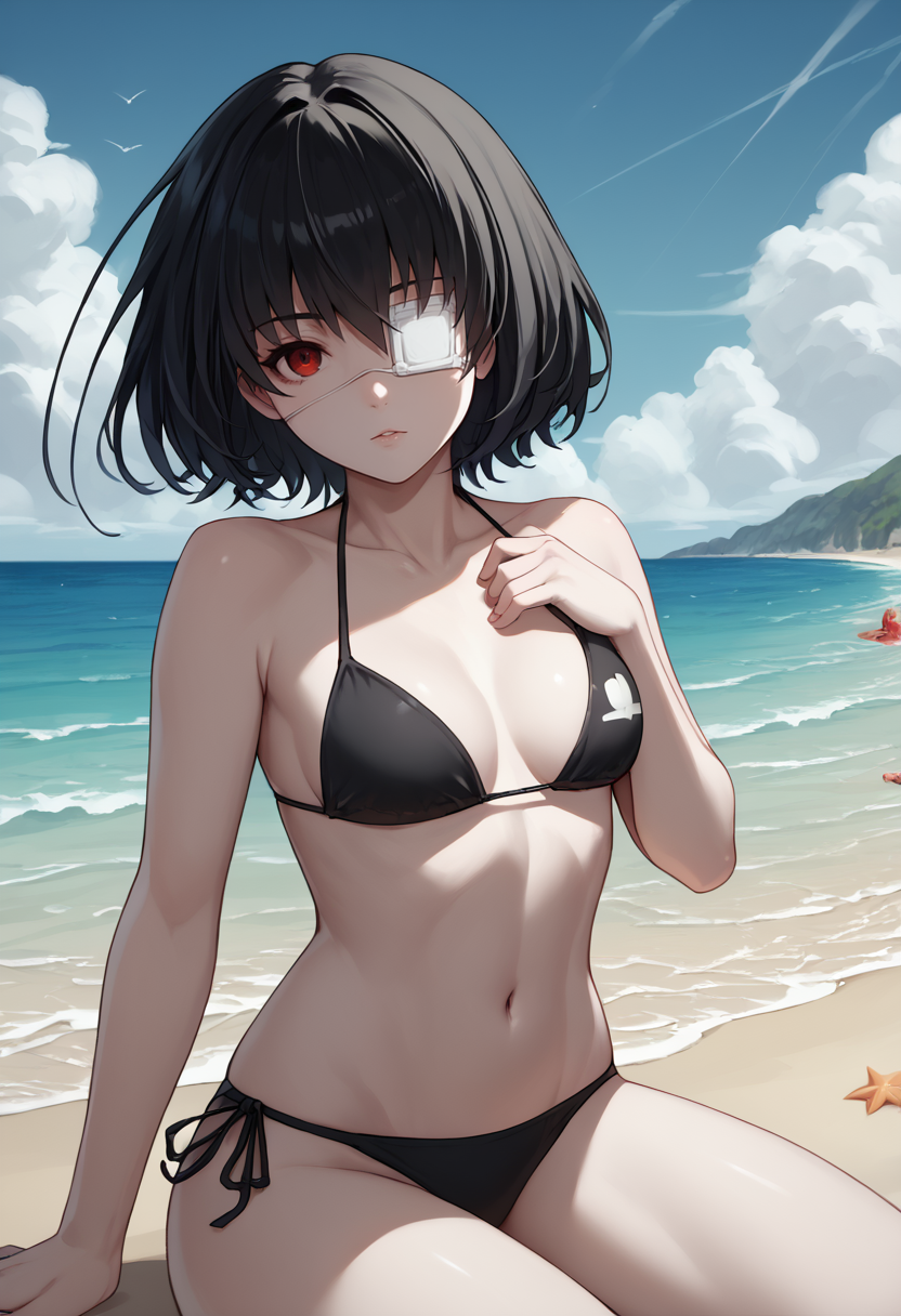 score_9,  score_7_up,  1girl,  mskr, black hair, short hair, red eyes, eyepatch,  bikini, beach,  pale skin,      <lora:Misaki mei betas-000008:1>