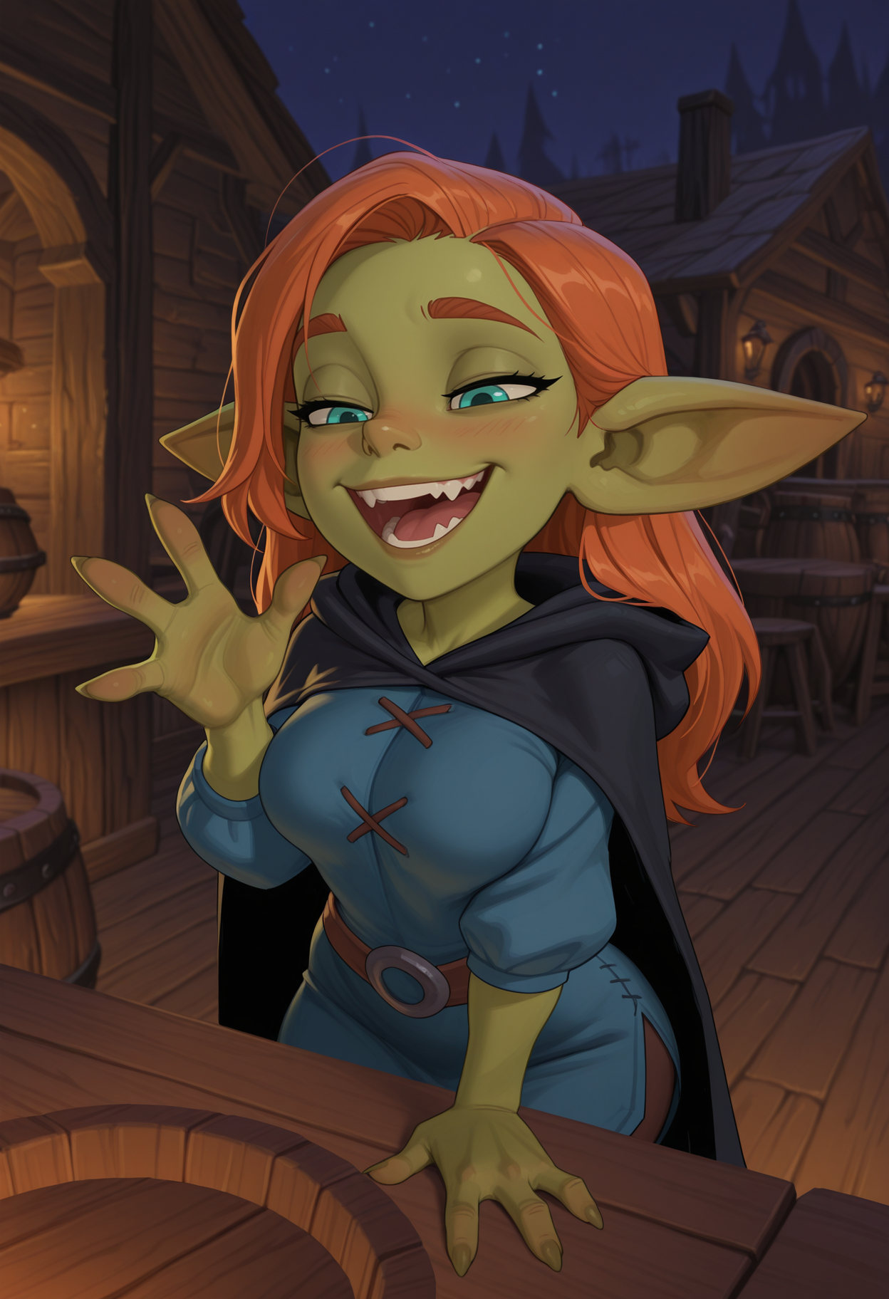 masterpiece, best quality, amazing quality, very aesthetic, absurdres, newest, solo, female goblin, aqua eyes, ginger hair, long hair, (loose hair), medium breasts, shortstack, blue tunic, black cloak, black hood, hood down, drunk:1.5, happy, laughing, half closed eyes, outside, tavern, night, (4 fingers), wowgobbostyle, disney animation, <lora:WoW_GoblinGTb:0.3> <lora:Disney_Animation_v5-V7:1>