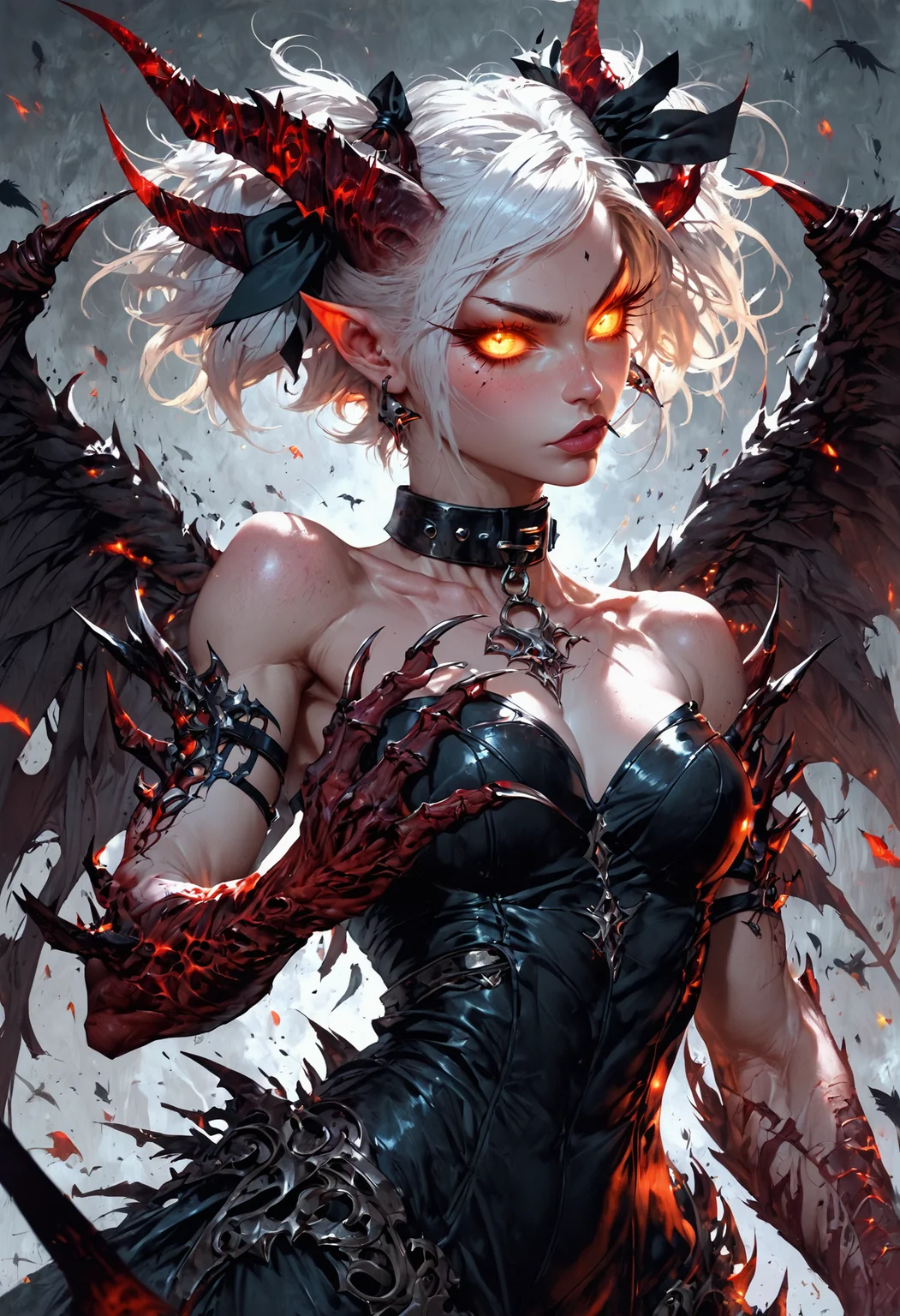 (score_9, score_8_up), score_7_up, zPDXL, solo, <lora:MythP0rtr4itStyle:1>, mythp0rt, GLSHS,1girl,girl demon,white hair,glowing eyes,pale skin,two ponytails with black bows,black wings,claws,black dress,beautiful_face,partially illuminated,long eyelashes,moonlight,short hair,collar,