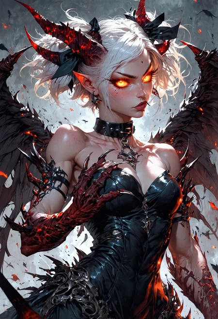 (score_9, score_8_up), score_7_up, zPDXL, solo, <lora:MythP0rtr4itStyle:1>, mythp0rt, GLSHS,1girl,girl demon,white hair,glowing eyes,pale skin,two ponytails with black bows,black wings,claws,black dress,beautiful_face,partially illuminated,long eyelashes,moonlight,short hair,collar,