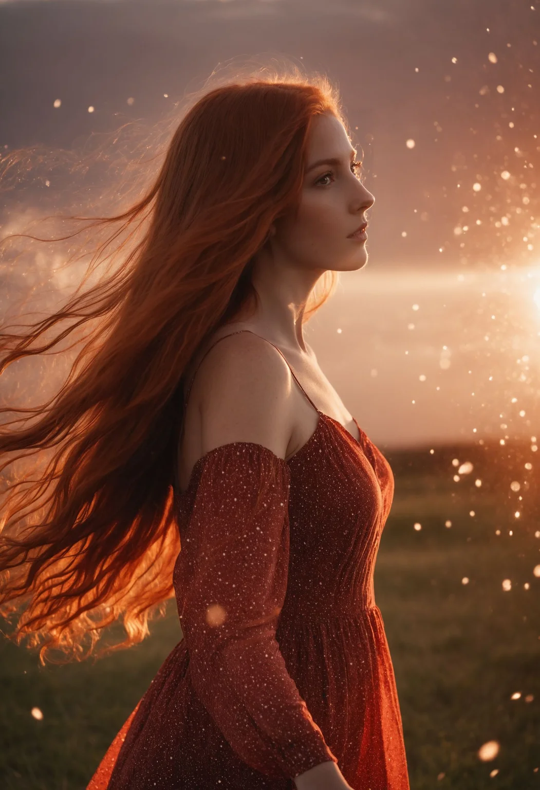 cinematic photo ,Portrait, woman 20y, red full long hair, in summer dress, particles flying through the sunset in the background,  sensual body emphasized by lightrays,  <lora:Neutral_Light-Rays_XL:0.4>  <lora:Particles_XL_r1:0.4> particles in the backround,  . 35mm photograph, film, bokeh, professional, 4k, highly detailed
