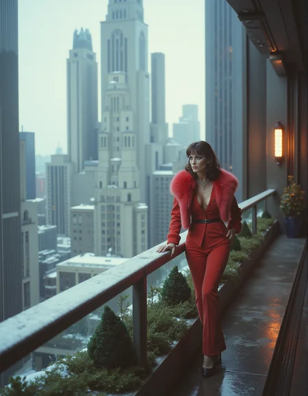 Cinematic scene of a dystopian cityscape with skyscrapers, industrial vibes, cloudy sky, snow on the ground, the balcony of a skyscrapers, potted hedges and heat lamps, a women in a red business outfit and fur jacket leaning on the railing, luxurious and art deco while yet dystopian.
<lora:80s_Fantasy_Movie:1> ArsMovieStill, 80s Fantasy Movie Still