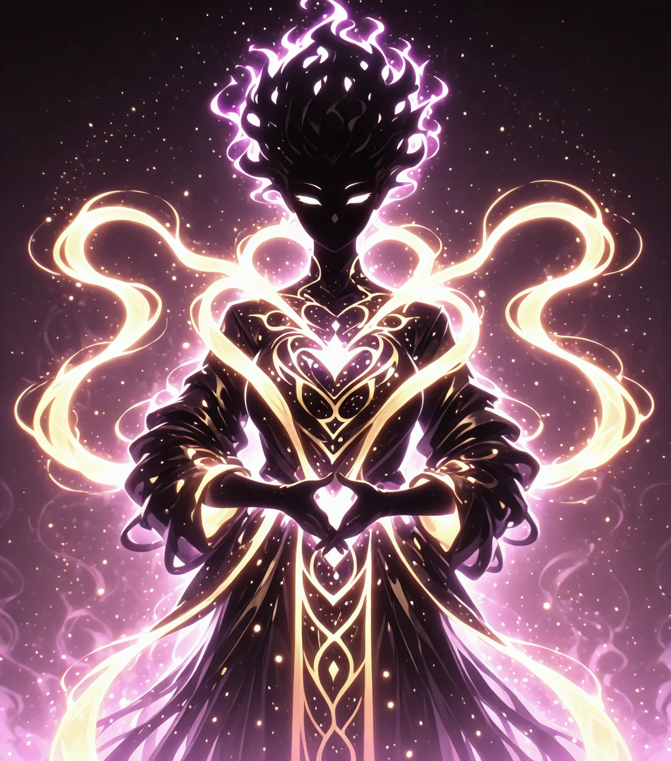 <lora:Shadows_v3_Buns:0.75> sh4d0wv3, black silhouette, solo, colorful aura, Celestial Monk, radiant flowing sash, glowing celestial orbs, serene pose, cosmic backdrop, masterpiece, best quality, amazing quality