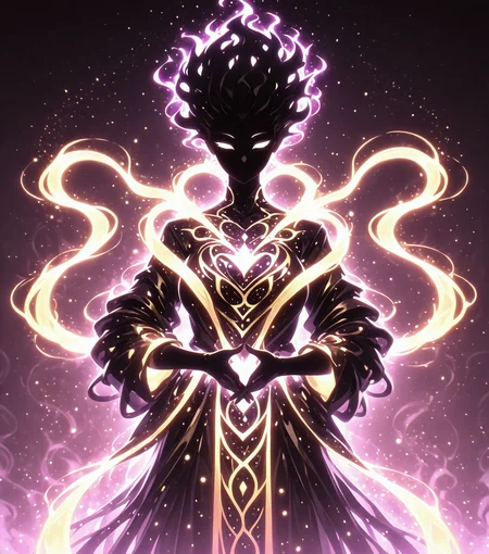 <lora:Shadows_v3_Buns:0.75> sh4d0wv3, black silhouette, solo, colorful aura, Celestial Monk, radiant flowing sash, glowing celestial orbs, serene pose, cosmic backdrop, masterpiece, best quality, amazing quality