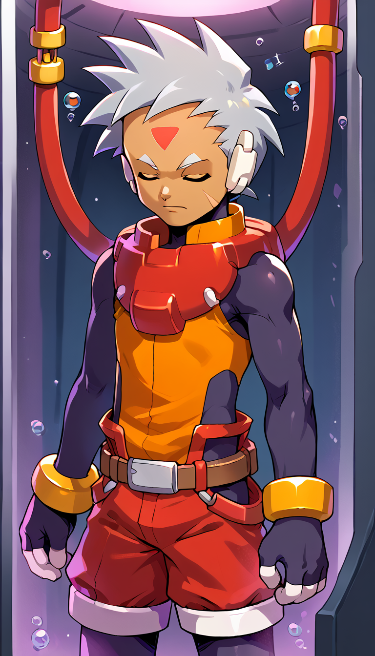 score_9,score_8_up,. score_7_up,score_6_up,score_5_up,score_4_up,source_anime BREAK <lora:vent_Grey:1>,grey \(mega man\),solo,closed eyes,1boy,male focus,gloves,shorts,cowboy shot,red shorts,grey hair,bodysuit,dark skin,forehead jewel,belt,(cable:0.8),robot ears,facial mark,fingerless gloves,bracelet,pantyhose under shorts,(pantyhose:0.6),dark-skinned male,shirt,orange shirt,<lora:Stasis Tank v6:1> BREAK stasis tank,(floating:1.2),air bubble,in container,(hanging:1.2),