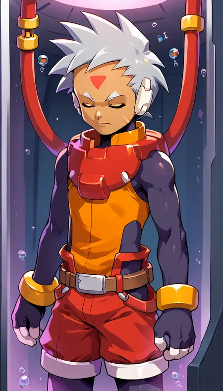 score_9,score_8_up,. score_7_up,score_6_up,score_5_up,score_4_up,source_anime BREAK <lora:vent_Grey:1>,grey \(mega man\),solo,closed eyes,1boy,male focus,gloves,shorts,cowboy shot,red shorts,grey hair,bodysuit,dark skin,forehead jewel,belt,(cable:0.8),robot ears,facial mark,fingerless gloves,bracelet,pantyhose under shorts,(pantyhose:0.6),dark-skinned male,shirt,orange shirt,<lora:Stasis Tank v6:1> BREAK stasis tank,(floating:1.2),air bubble,in container,(hanging:1.2),