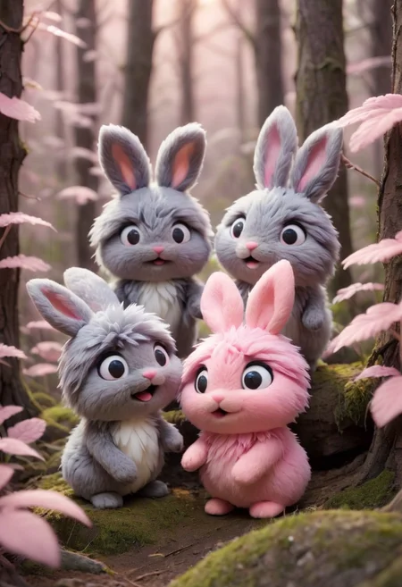 source_anime, Cute wonderful creatures, Microphotography, chibi, cute fluffy rabbits ,pink and grey, in a dreamy forest, ispzxll, In a felt puppet world style,