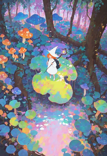 masterpiece, absurdres, newest, very awa, very detailed painting \(medium\), impressionism, purple theme, 1girl, solo, witch hat, white headwear, white robe, ginger hair, holding staff, witch staff, backpack, outdoors, mushroom forest, tall mushrooms, leaves, roots, from above, high angle, <lora:mengxuanliart:0.75> <lora:spo_sdxl_10ep_4k-data_lora_webui>, <lora:TA_trained>, <lora:NOOB_EPSv1_1_detailer_by_vlnvk_v0_5>,