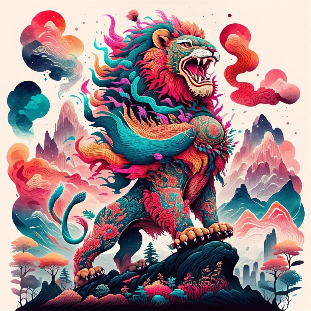 an image of a colorful dance lion on the mountain, trees, SF_Carton style,carton, four legs<lora:0208_sprint_festival-checkpoint-8000:1>