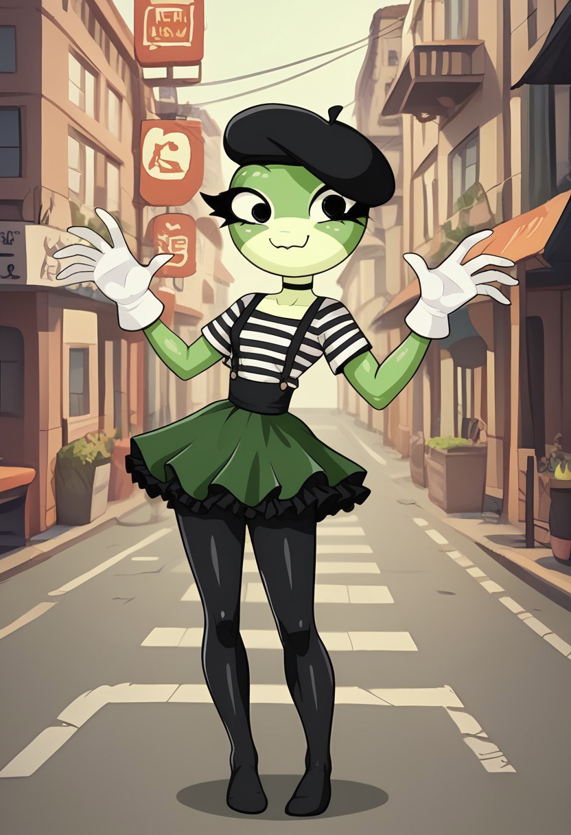score_9,score_8_up,score_7_up,
outdoors,
full body, closed mouth smile,,long eyelashes,pose, tall, standing, 
<lora:Mashka_v01_PDXL:1>,Mashka,1girl,solo,furry female,green skin,yellow skin,two-tone skin,shiny skin,black eyes,long eyelashes,wearing french beret, black eyeliner,wide hips, black choker, mime artist outfit, black beret, black striped shirt, black tight leggings, black suspenders, frilled skirt, white gloves, slender, skinny, petite 1930's city background, mime poses, 
<lora:add-detail-xl:1>,