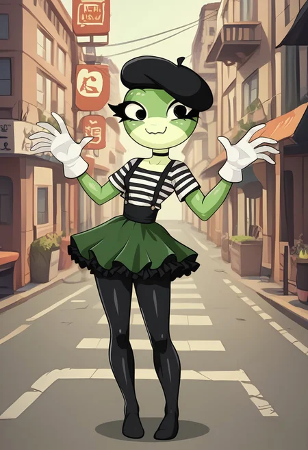 score_9,score_8_up,score_7_up,
outdoors,
full body, closed mouth smile,,long eyelashes,pose, tall, standing, 
<lora:Mashka_v01_PDXL:1>,Mashka,1girl,solo,furry female,green skin,yellow skin,two-tone skin,shiny skin,black eyes,long eyelashes,wearing french beret, black eyeliner,wide hips, black choker, mime artist outfit, black beret, black striped shirt, black tight leggings, black suspenders, frilled skirt, white gloves, slender, skinny, petite 1930's city background, mime poses, 
<lora:add-detail-xl:1>,