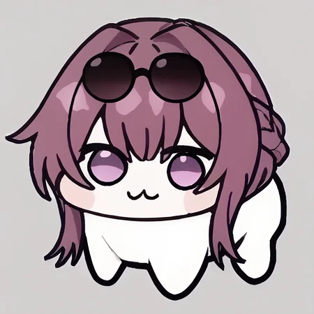 score_9, BREAK source_anime, 1girl, solo, kafka <lora:kafka - SymbolicLink:1>, purple hair, <lora:Doro_X_PDXL_V1:1> doro, creature, chibi, :3, no humans, solid circle eyes, no pupils, white skin, eyewear on head,