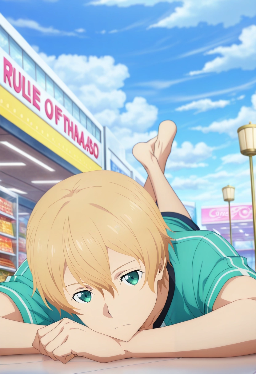 masterpiece, best quality, , anime screencap, , official style, , 1boy, solo, male focus, <lora:eugeo_sao_ilxl:0.9>, eugeo_sao, blonde hair, green eyes, bangs, hair between eyes, short hair, sword, rule of thirds, shopping mall, stores, signs, day, clouds, the pose, expressionless,