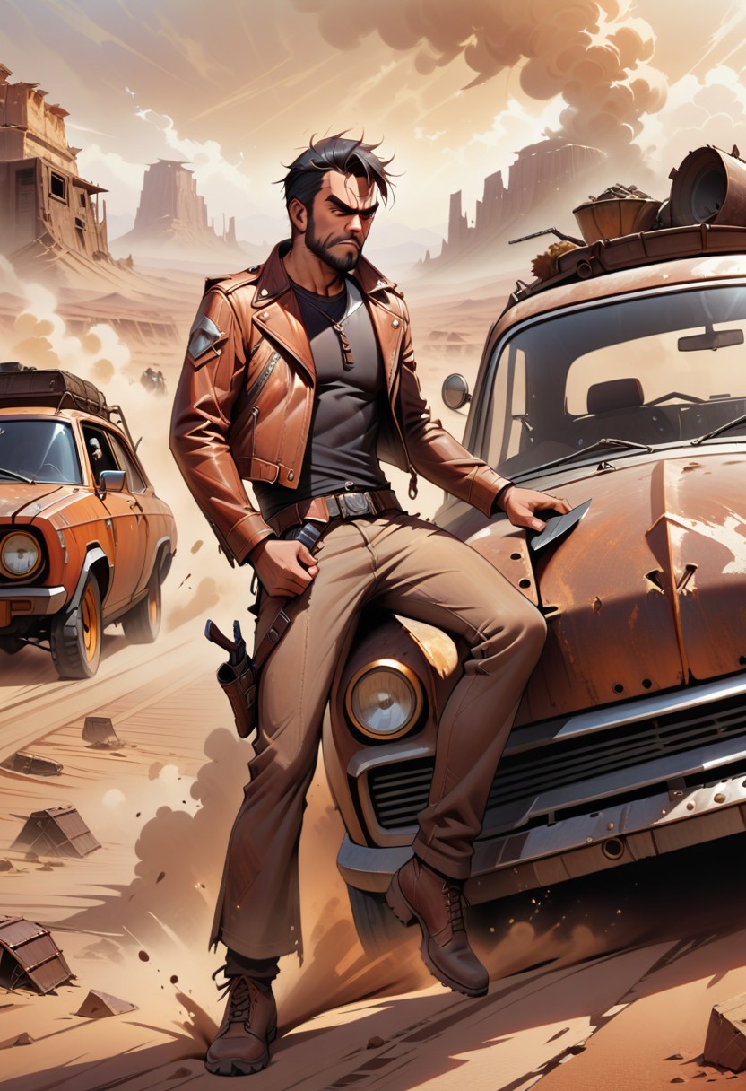 one man, black hair, clean face, square jaw, eye crinkles, annoyance, frown, kicking car, desert, old road, Jug tied to top, rust on car, aged car, bars instead of windows, side holster, knife in carrier, leather jacket, old west undershirt, dust storm in distance, dvr-rst,  defined, highly detailed,