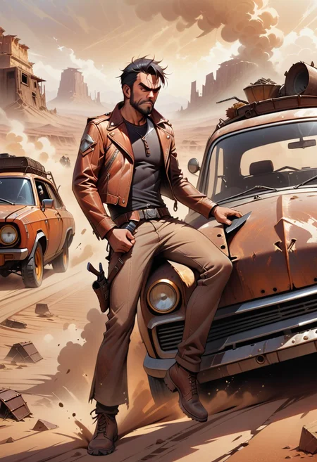 one man, black hair, clean face, square jaw, eye crinkles, annoyance, frown, kicking car, desert, old road, Jug tied to top, rust on car, aged car, bars instead of windows, side holster, knife in carrier, leather jacket, old west undershirt, dust storm in distance, dvr-rst, defined, highly detailed,