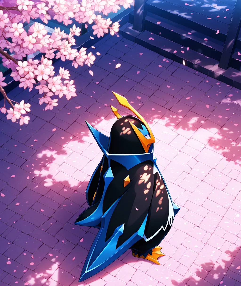 vibrant, detailed, detailed background, amazing quality, colorful, masterpiece, 8k, rtx, <lora:empoleon-illus-15:0.9> pempo, pinguin_boy, (empoleon), (solo, alone), falling petals, cherry blossom, from above, looking away, dappled sunlight, beutiful background,
