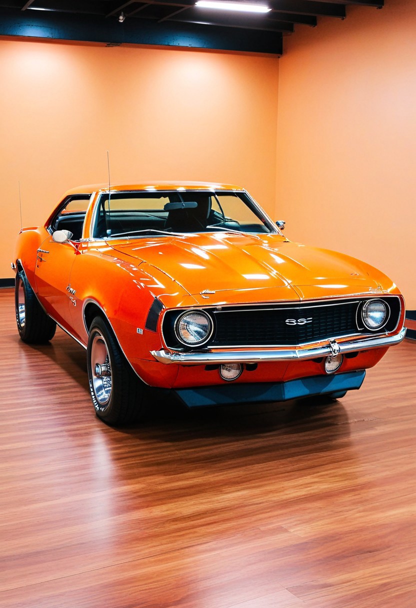 car, ClassicMuscleCar, Hugger Orange car,  camaro1969, Chevrolet Camaro,  on the road,  perfect lighting,  wallpaper,  commercial photo, 4K, highly detailed, (stylish grainy analog 35mm film photo)
