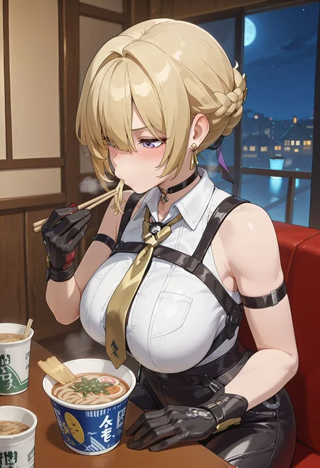 anime, anime coloring, masterpiece, 
zenless zone zero, zenless_zone_zero_evelyn, znlessznzrvlyn, bangs, black gloves, blonde hair, breasts, choker, earrings, gloves, jewelry, purple eyes, short hair, pants, sleeveless, white shirt, sleeveless shirt, necktie, yellow necktie, black pants, tight pants, braid, black bodysuit,
<lora:zenless_zone_zero_evelyn_illustrious:0.7>, 
cup ramen, cup noodles, sitting, eating, ramen,holding chopsticks, night, heavy breathing, indoors, blush, pout, slurping,