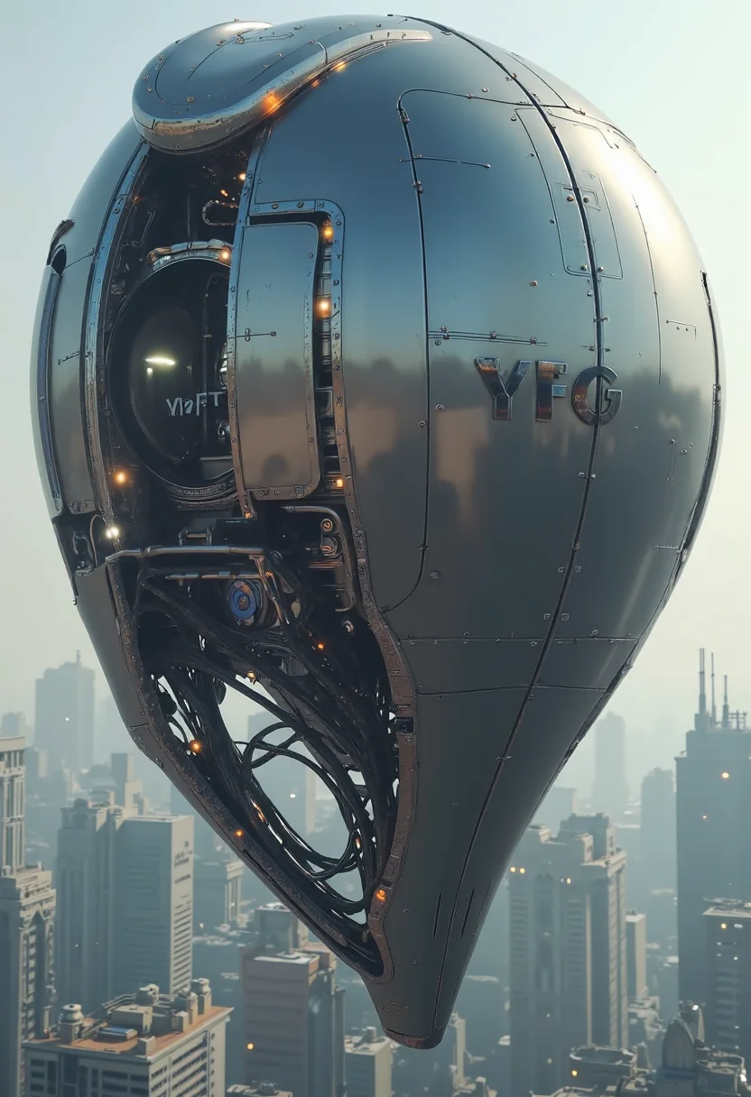 yfg-sm0rg, A yfg-bgy, its smooth, metallic surface reflecting the light, hovers above a futuristic cityscape.