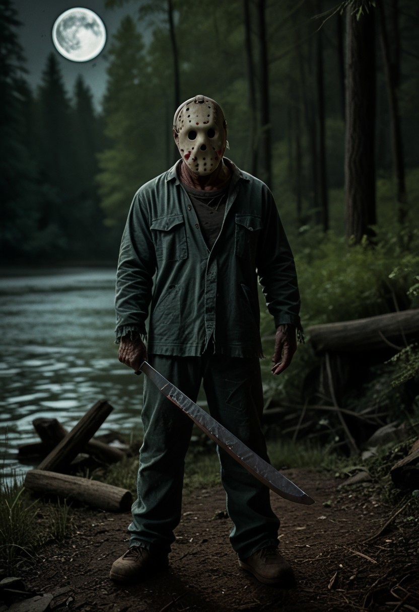 <lora:VHS_Pony:2.6> vhs footage of 1boy, monster, mask, no eyes, bald, holding machete in one hand, lake in the background, summer camp in the forest, lakeside, wooden dock, full moon, night, jumpsuit, muscular, full body,
 blurry, chromatic aberration, glitch, noisy, distorted, full body <lora:jason_voorhees_v0.5-pony:1.2> <lora:dark:0.7> dark