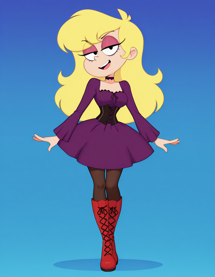 score_9, score_8_up, score_7_up, masterpiece, best quality, newest, absurdres, highres, amazing quality, colorful, 
masterpiece, best quality, absurdres, newest, very aesthetic, amazing quality,highres,sensitive, absurdres, high resolution, ultra detailed, perfect details,
source_cartoon,   toon (style), (cartoon:1.0), source_carton:1.1, rating:explicit, dynamic sexy pose, seductive, sultry,
detailed,detailed eyes,perfect eyes,detailed,detailed hands,perfect hands,detailed,detailed legs,perfect hands, 1girl, solo, 
<lora:Hoshime_Style_r2:0.6> , Hoshime_Style,
 <lora:Lani_Loud_IL:0.8> , Lan1_L0ud, blonde hair, long hair, eyeshadow, makeup, knee boots, purple dress, corset, full body, smile, looking at viewer, choker, open mouth, pantyhose, red footwear, cross-laced footwear,