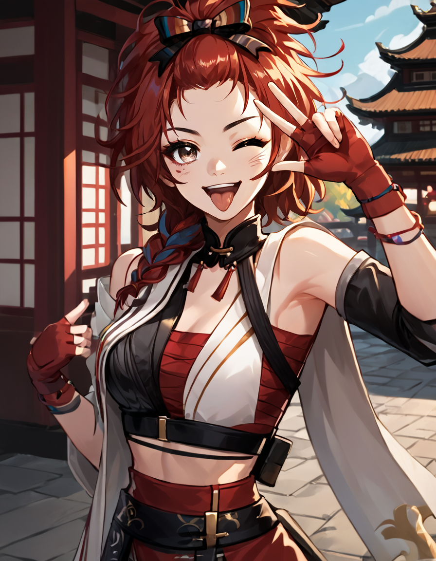 score_9, score_8_up, score_7_up, ch1x1a,
rating_safe,source_anime,
solo, tongue, wink, smile,open mouth, looking at viewer, one eye closed, e v sign, official_costume, 
fantasy background, east asian architecture,
 <lora:Chixia_Wuthering_waves_v2:0.9>