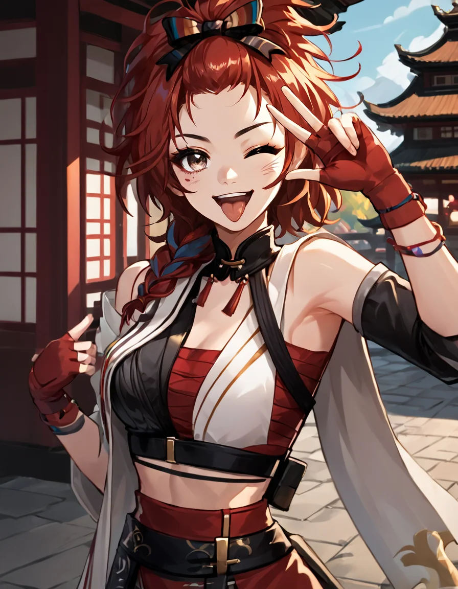 score_9, score_8_up, score_7_up, ch1x1a,
rating_safe,source_anime,
solo, tongue, wink, smile,open mouth, looking at viewer, one eye closed, e v sign, official_costume,
fantasy background, east asian architecture,
<lora:Chixia_Wuthering_waves_v2:0.9>