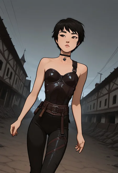 masterpiece,best quality,amazing quality,newest, absurdres, highres, detailed eyes, beautiful, perfect eyes, finely detailed face, very aesthetic, anime coloring, anime screencap, incoth, (incase:0.6),
1girl,
KimmyDKov, short hair, black hair, brown eyes, slim, small breasts,
black choker, leather armor,
walking on the street, dynamic pose, dutch angle,
outdoor, medieval setting, battlefield,
