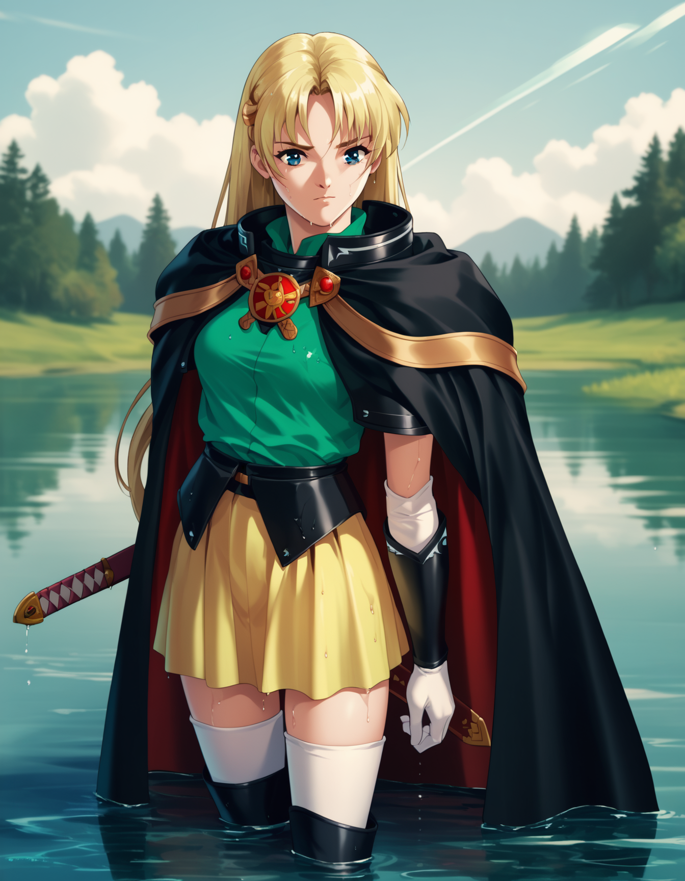 score_9,  score_8_up, score_7_up <lora:sharon-ponyxl-000011:1> wwsharon, black cape, green shirt, yellow skirt, elbow gloves, thighhighs,
1girl, solo, sword, water, lake, wet