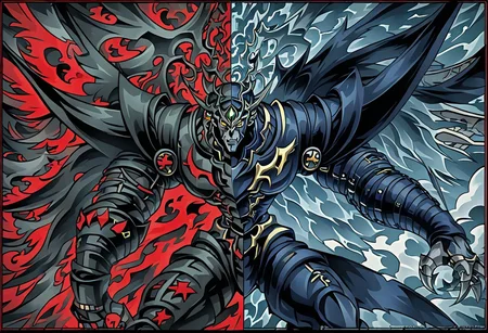 masterpiece,absurdres,rating_safe,anime,jojo's bizzare adventure,detailed linework DUALITY SEGMENTATION MIX OF dexdoru and dorugoramon