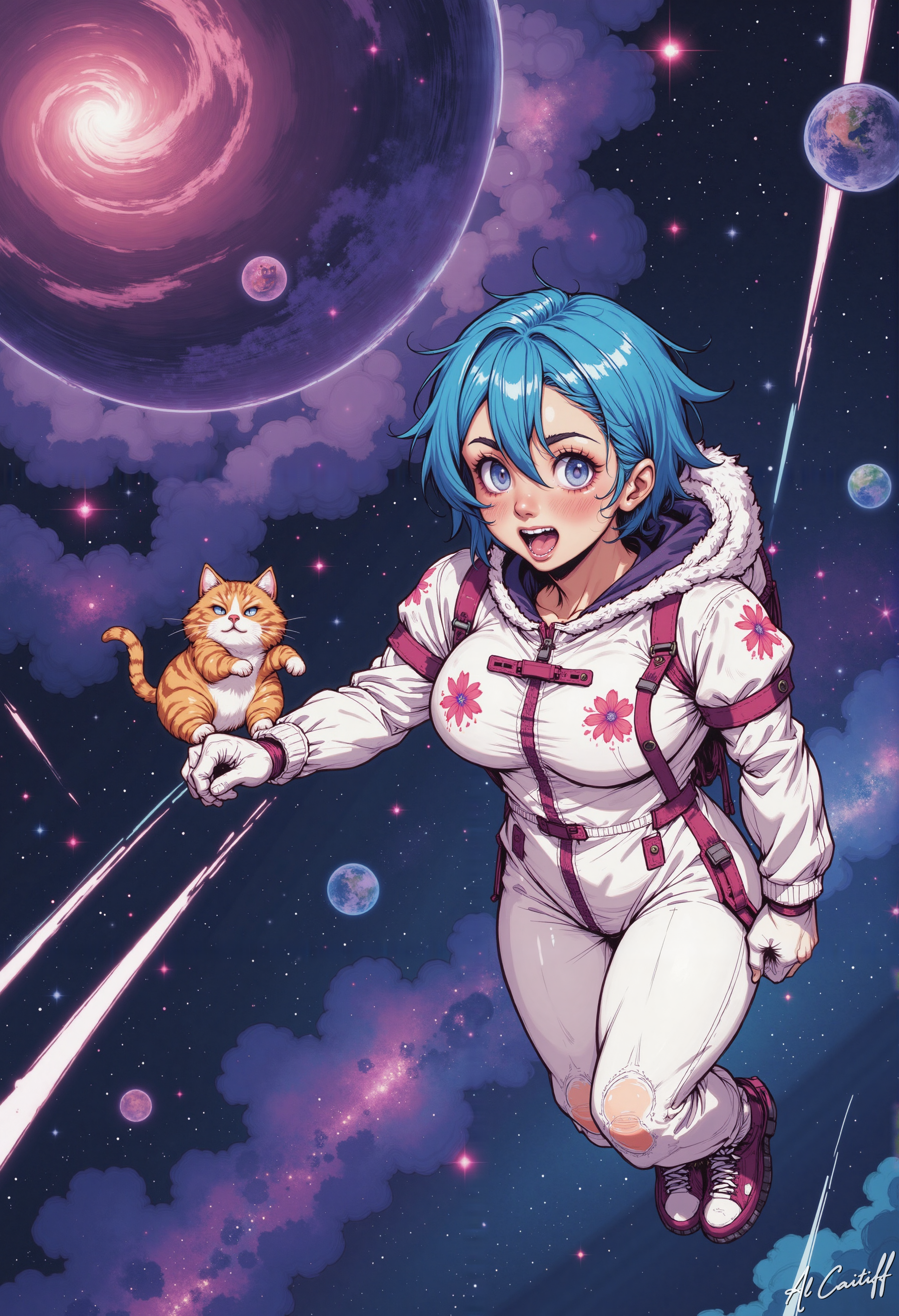MysticComic, An astronaut girl, with vibrant blue hair, floats weightlessly in a pristine white spacesuit adorned with intricate sakura blossoms on her chest.  Her expressive, gray eyes blaze with righteous anger as she reaches out a gloved hand, yearning to grasp a small, equally suited, tabby cat suspended precariously closeby.  The cat, eyes wide with a hint of fear, clings to a loose piece of floating nebula debris.  Swirling cosmic nebulae, in vibrant hues of violet, magenta, and deep indigo, create a breathtaking, fantastical backdrop.  Numerous twinkling stars and distant planets, painted with ethereal luminescence and subtle gradients of light, illuminate the vast expanse of space.  The focus is acutely on the intensity of the girl's expression and the desperate struggle to retrieve her feline companion. Dust motes and streamers of light drift softly, caught in the boundless expanse of space, enhancing the feeling of weightlessness and the dramatic, emotionally charged moment., A digital artwork in the style of cknc,<lora:CustomFlux/MysticComic-v3.safetensors:1.0:1.0> <lora:Flux/NeurocoreAnime-cyberpunk.safetensors:0.25:0.25>