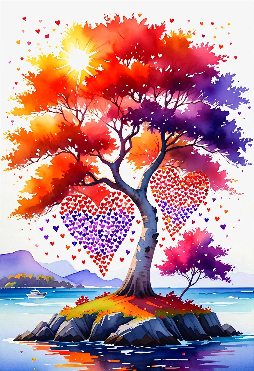 777 red, purple, blu and orange little hearts on a linden tree, the tree stands on a small island, the island is surrounded by an ocean, the sun is shining, Watercolor, trending on artstation, sharp focus, studio photo, intricate details, highly detailed, by greg rutkowski