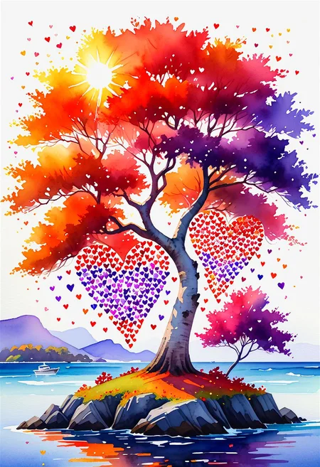 777 red, purple, blu and orange little hearts on a linden tree, the tree stands on a small island, the island is surrounded by an ocean, the sun is shining, Watercolor, trending on artstation, sharp focus, studio photo, intricate details, highly detailed, by greg rutkowski