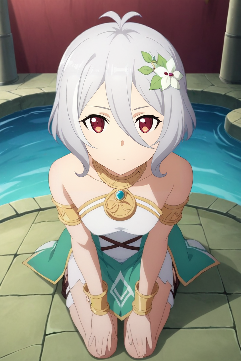 score_9, score_8_up, score_7_up, source_anime, rating_safe, , anime screencap, anime coloring, official style, looking at viewer, , 1girl, kokkoro \(princess connect!\), princess connect!, grey hair, red eyes, solo, wide angle, wide shot, full body, pond, arch, japanese architecture, dusk, kneeling, expressionless, <lora:sao_alicization_style_pony:0.86>, sao_alicization_style, <lora:sdxl_lightning_8step_lora:1>