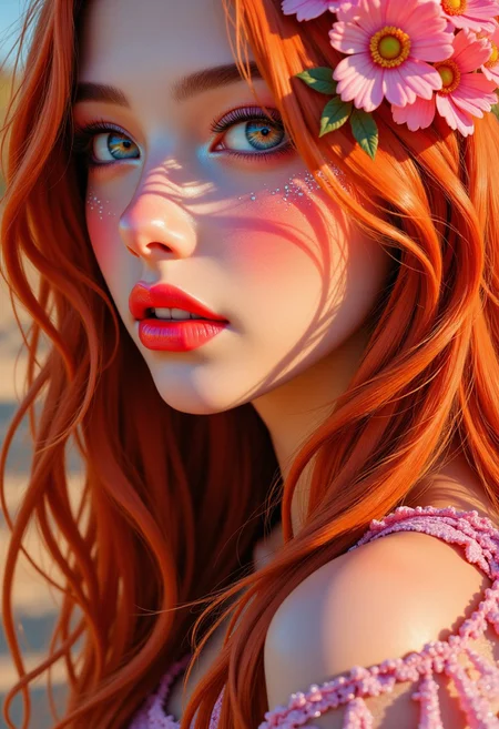 Photorealistic digital painting of an ethereal woman with long flowing red hair, a porcelain-like, extremely pale complexion and natural warm blush on her cheeks. She has blush-toned eyeshadow and delicate, ethereal facial features. Her face is adorned with a stylish face painting that make her look otherworldly and psychedelic. The artwork is highly detailed, with a soft, realistic lighting style that enhances the warm undertones in her skin.