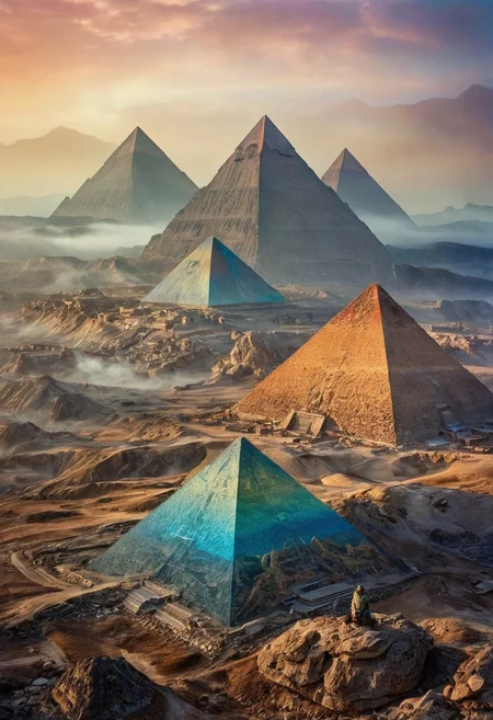 their peaks veiled in mist. mixed media, surrealism, great lighting, A surreal landscape highly detailed . extremely high-resolution details, appears trapped in an optical illusion of reflections and refractions colorful , great pyramids build on ountains, professional photography, natural lighting, volumetric lighting maximalist. intricately detailed, complex, elegant, expansive, fantastical, film photography style, medium grain
