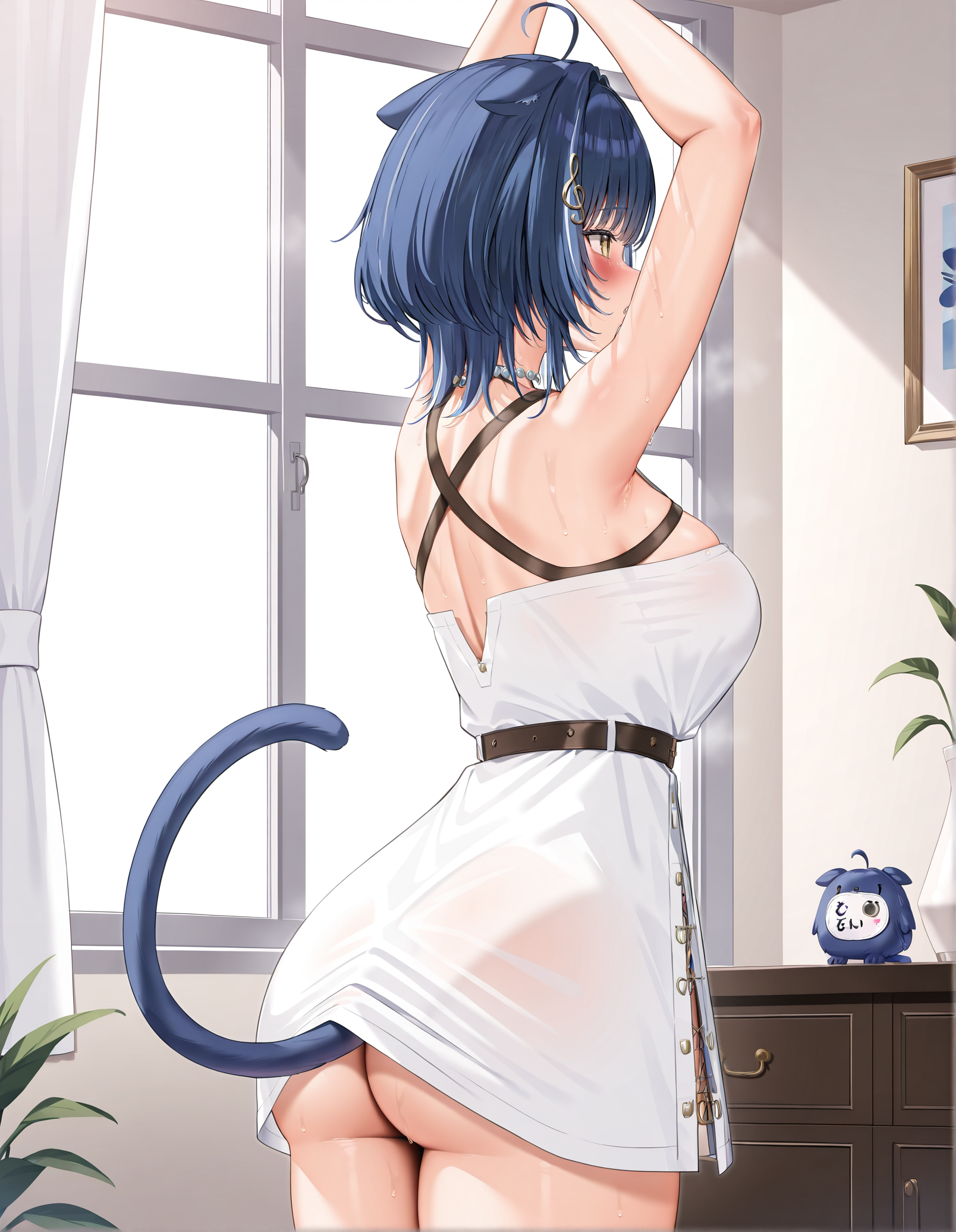 masterpiece, perfect quality, best quality, absolutely eye-catching, absurdres, highres, newest,  indoors, <lora:otonetoillustriousXL:1>, otoneto, 1girl, from side, sweat, from behind, arms up, ass, dress, criss-cross halter, tail under clothes,