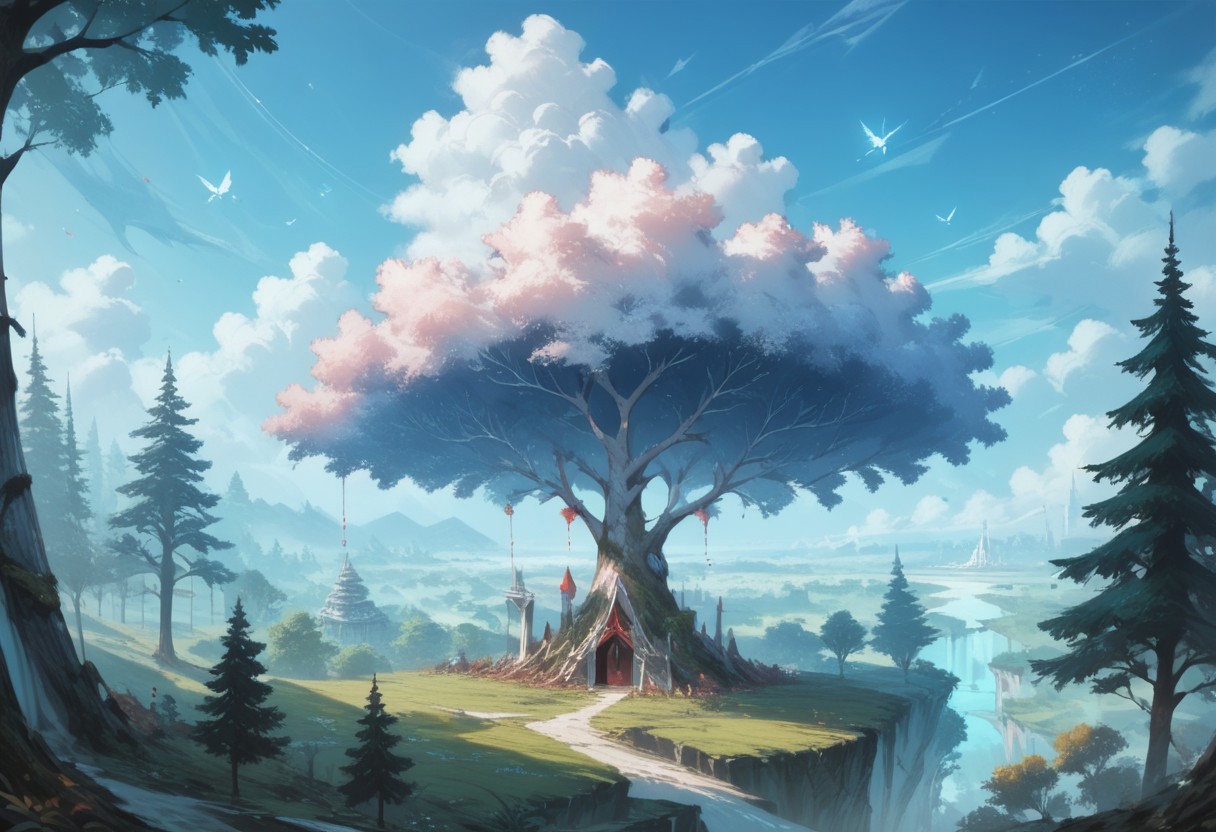 (score_9), (score_8_up), (score_7_up), (Cell Shading), (source_anime)+, (masterpiece), best quality, tree, bioluminescent trees, floating islands, fantasy aesthetic, misty atmosphere, surreal sky, style-sylvamagic, white void